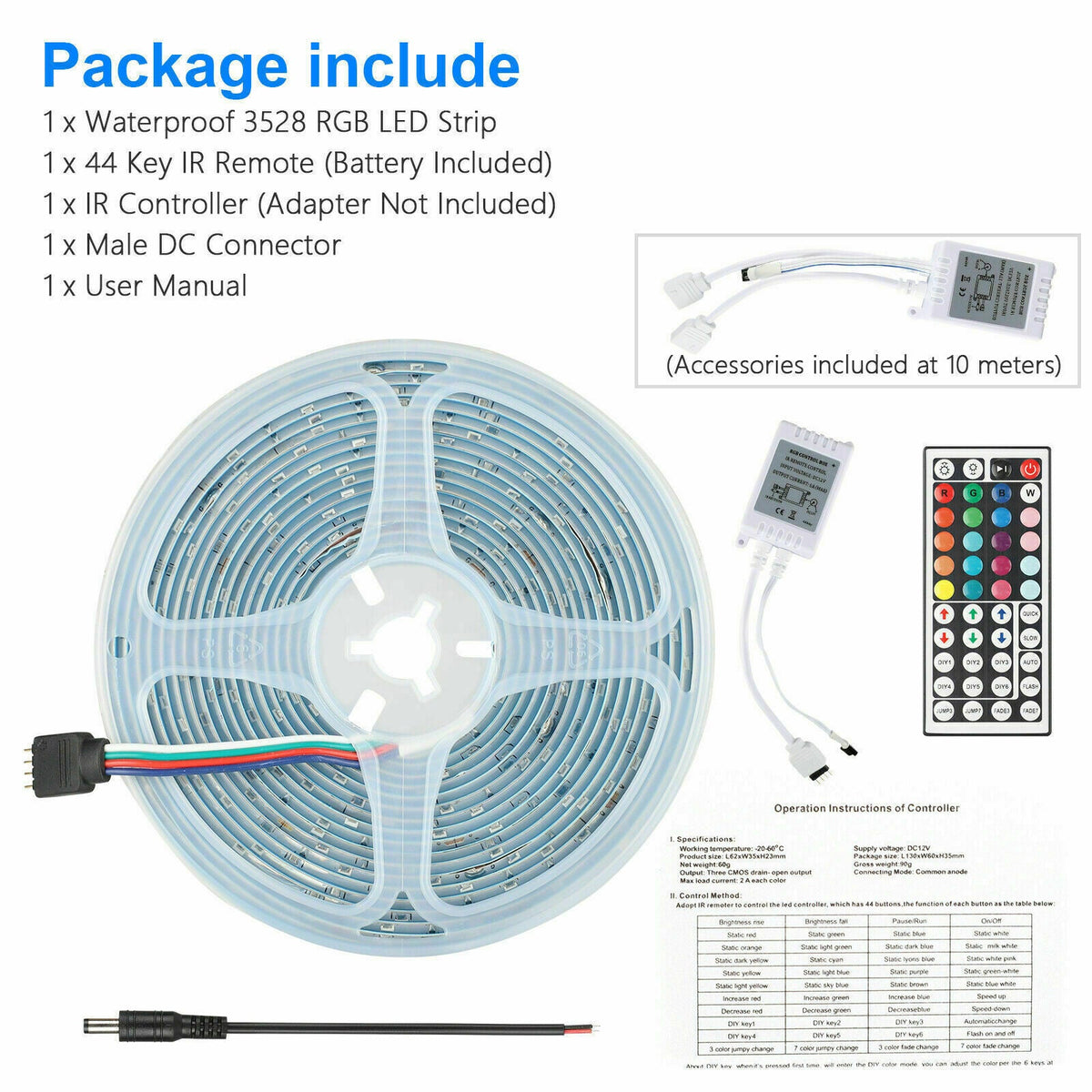32FT Colorful LED Strip Lights with Remote - Waterproof
